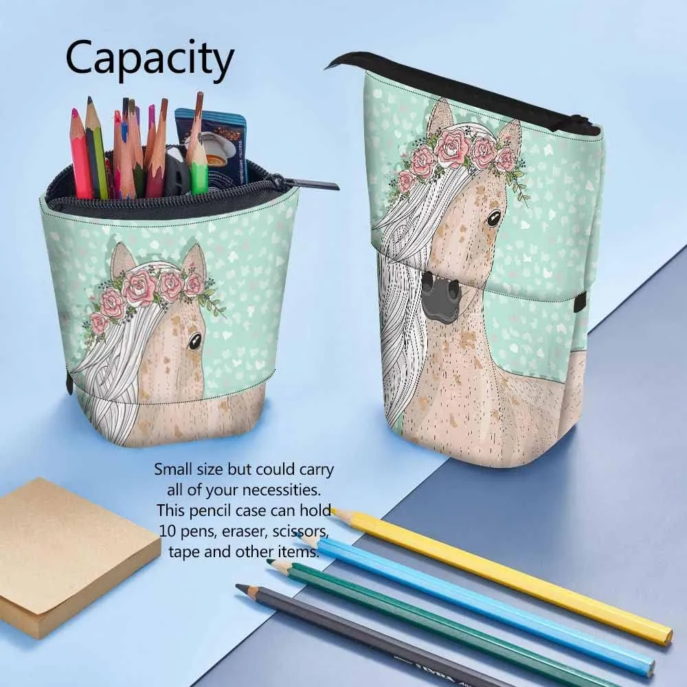 Swono Horse Flowers Pencil Case Cute Fairytale Standing Pencil Case Pencil Pouch Pencil Holder Mediumaquamarine