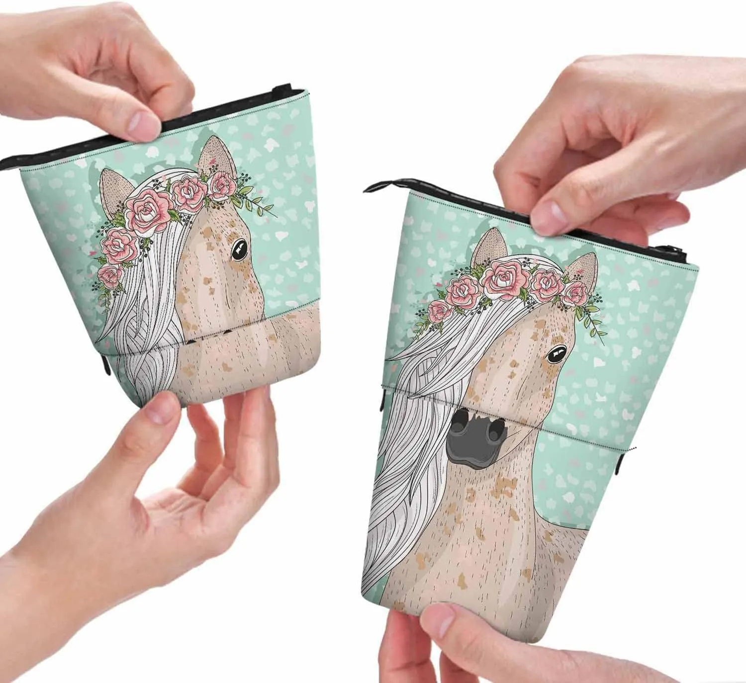Swono Horse Flowers Pencil Case Cute Fairytale Standing Pencil Case Pencil Pouch Pencil Holder Mediumaquamarine