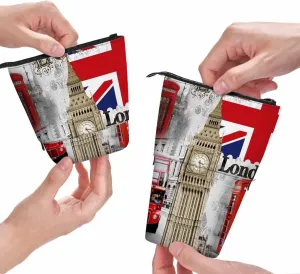 Swono London Symbols Pencil Pouch Vintage England Bigben Double Decker Bus Red Phone Booths England Stand Up Pencil Case Organizer Pencil Holder Makeup Bag Gift Colorful