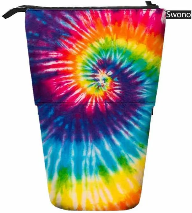 Swono Tie Dye Pencil Holder Abstract Swirl Spiral Stand Up Stationery Bag Pencil Case Organizer Cosmetics Pouch For Women Men Colorful