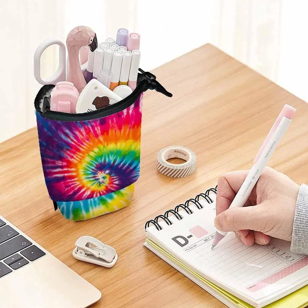 Swono Tie Dye Pencil Holder Abstract Swirl Spiral Stand Up Stationery Bag Pencil Case Organizer Cosmetics Pouch For Women Men Colorful