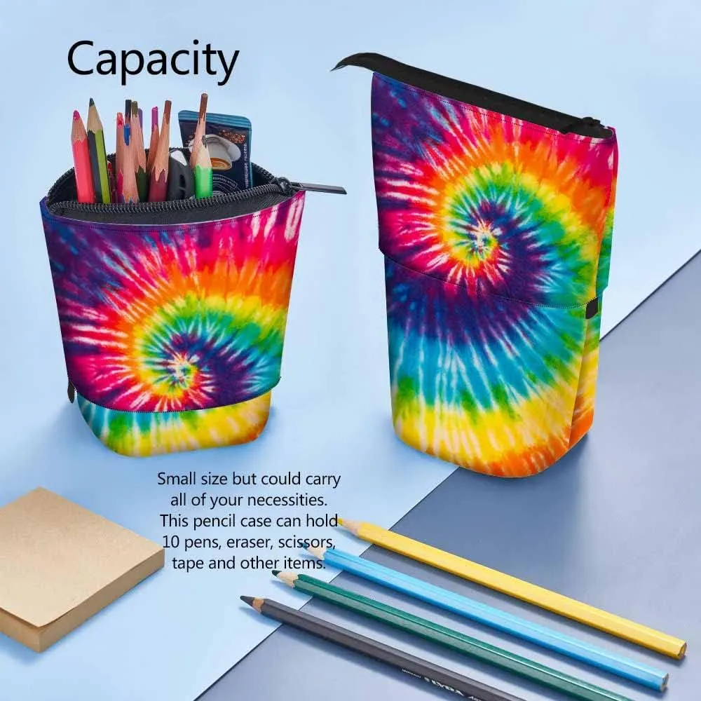 Swono Tie Dye Pencil Holder Abstract Swirl Spiral Stand Up Stationery Bag Pencil Case Organizer Cosmetics Pouch For Women Men Colorful