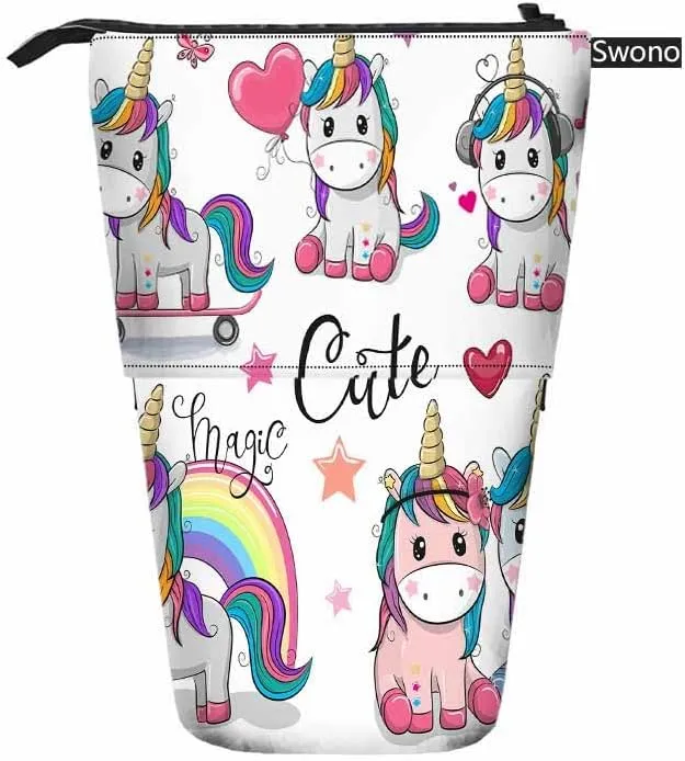Swono Unicorns Pencil Case Cute Cartoon Unicorn Couple Standing Pencil Case Pencil Holder Pencil Pouch Makeup Office Bag White