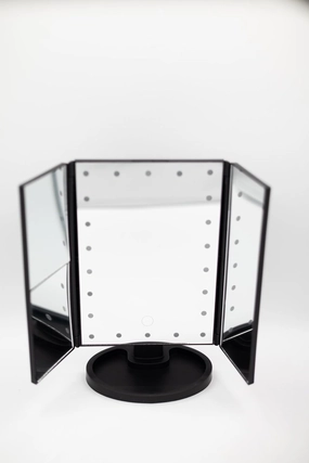 Tabletop Mount Trifold Lighted Vanity Mirror with 22 LED Lights, Touch Screen and 3X/2X Magnification, Two Power Supply Mode Make up Mirror, Travel Mirror