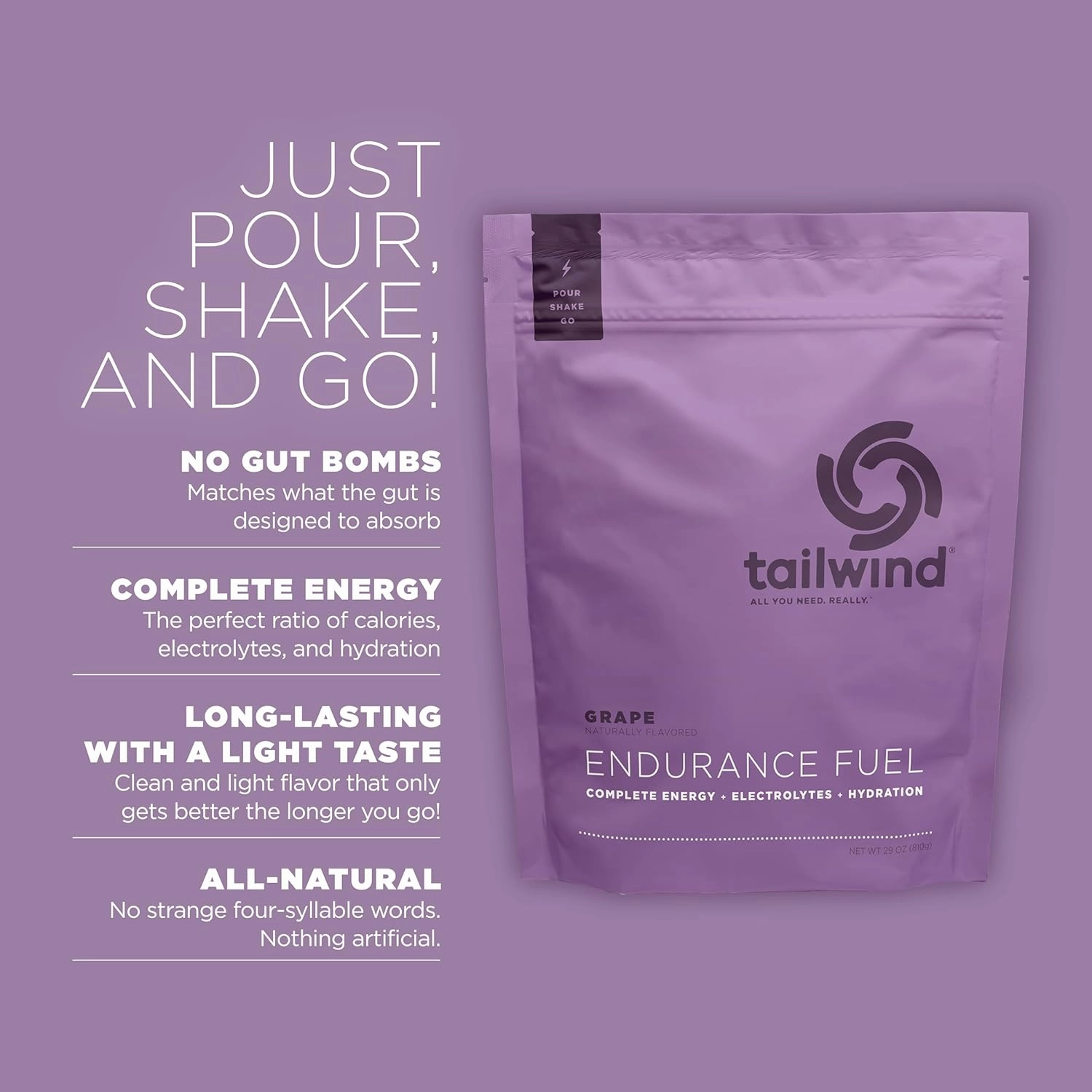 Tailwind Nutrition Endurance Fuel, Electrolyte & Hydration Sports Drink Mix Powder, Gluten-Free, Vegan, Grape, 30 Servings