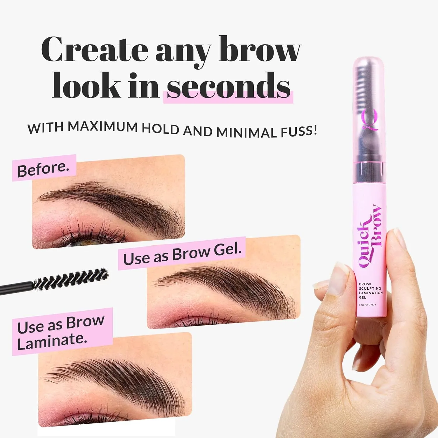 THE QUICK FLICK 2-In-1 Eyebrow Lamination Gel with Sculpting Wax – Smudge-Proof & Long-Lasting Eyebrow Gel Clear with Built-In Double-Sided Comb – Vegan, Cruelty-Free Formula (Clear - 8 ml)