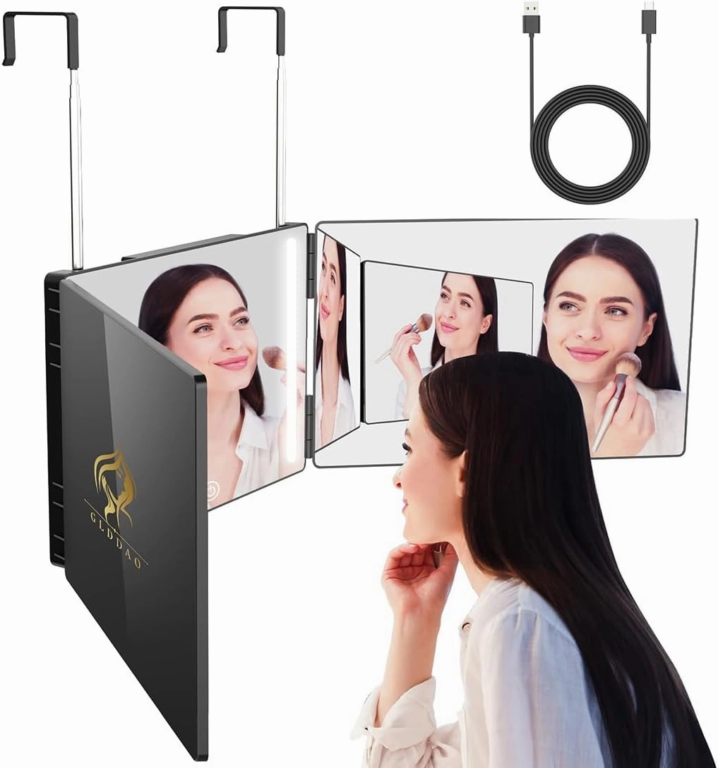 Three Way Mirror for Braiding Hair LED Lighted Trifold 360 Mirror for Women for Braiding Haircuts for Men Self Cut Shaving Barber Hair Cutting Tools