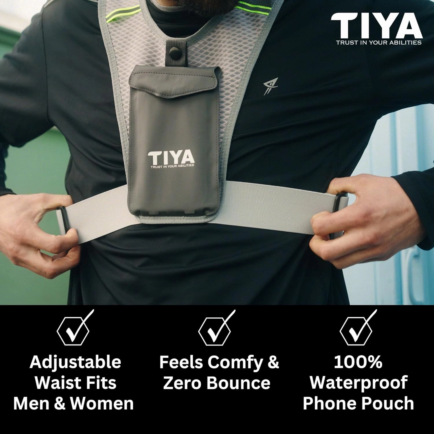TIYA Reflective Running Vest with Waterproof Phone Holder, No-Bounce, Ultra-Light Run, Hike, Walking, Bike Vest Waistpack – Unisex Runners Accessory for Men & Women - Grey