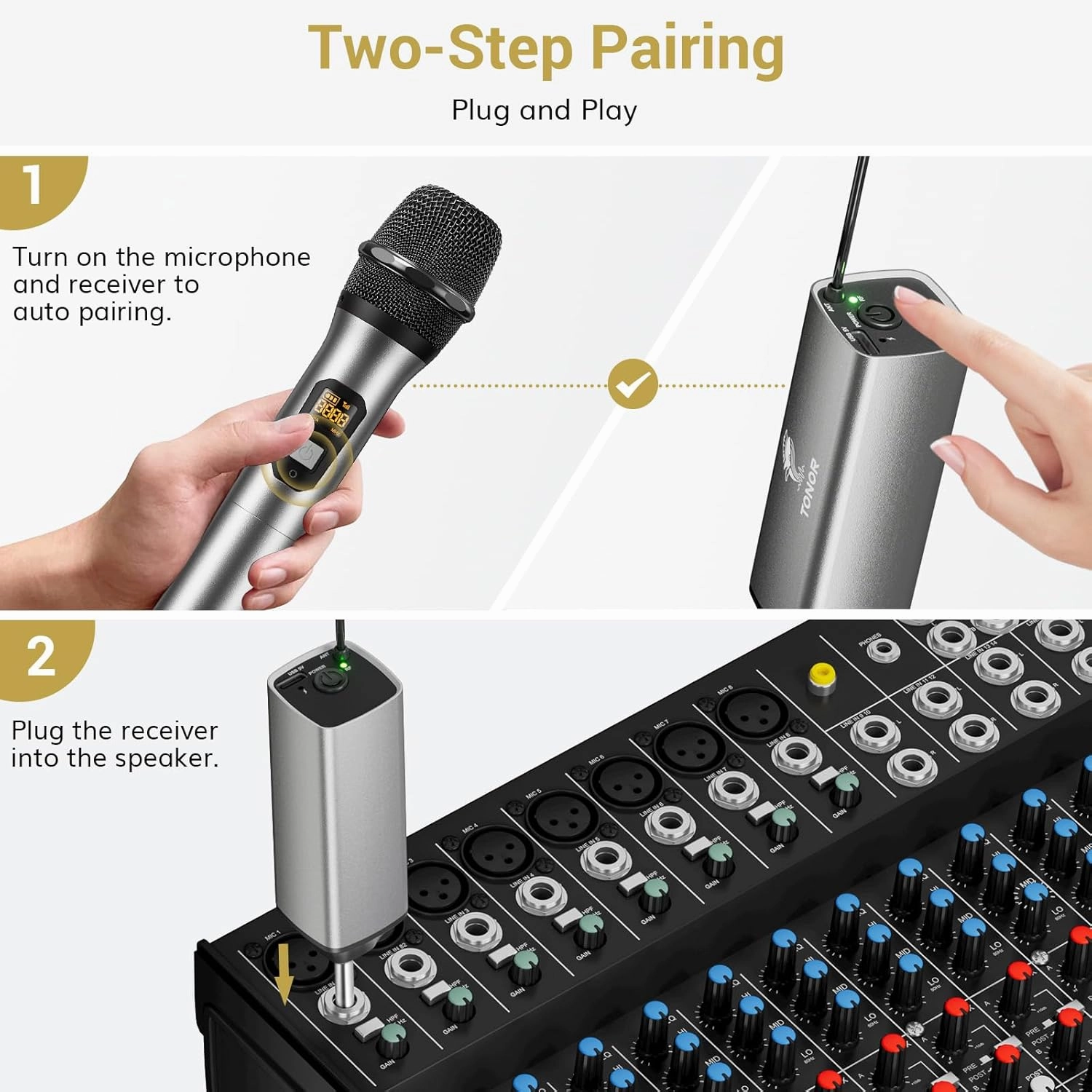 TONOR Wireless Microphone, UHF Dual Cordless Metal Dynamic Mic System with Rechargeable Receiver, for Karaoke Singing, Wedding, DJ, Party, Speech, Church, Class Use, 200ft (TW630), Gray