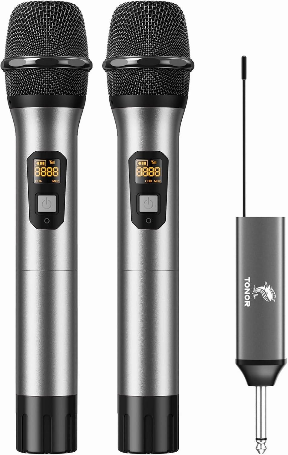TONOR Wireless Microphone, UHF Dual Cordless Metal Dynamic Mic System with Rechargeable Receiver, for Karaoke Singing, Wedding, DJ, Party, Speech, Church, Class Use, 200ft (TW630), Gray