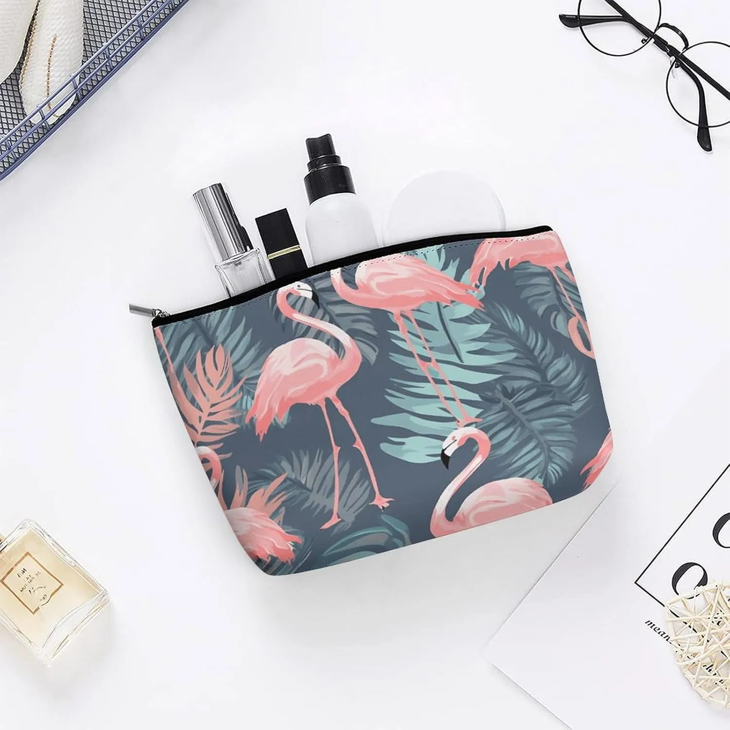 Travel Makeup Bag Portable Cosmetic Bag Summer Flamingo Palm Leaves Makeup Storage Bag for Women/girl
