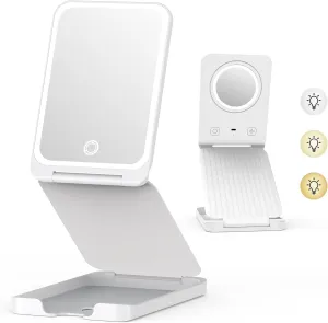 Travel Makeup Mirror with Lights, Portable 1X Vanity Mirror with 5X Lighted Magnification,72 LEDs 3 Color Lights, Rechargeable 1000mAh Battery, Freely Adjust Height and Angle