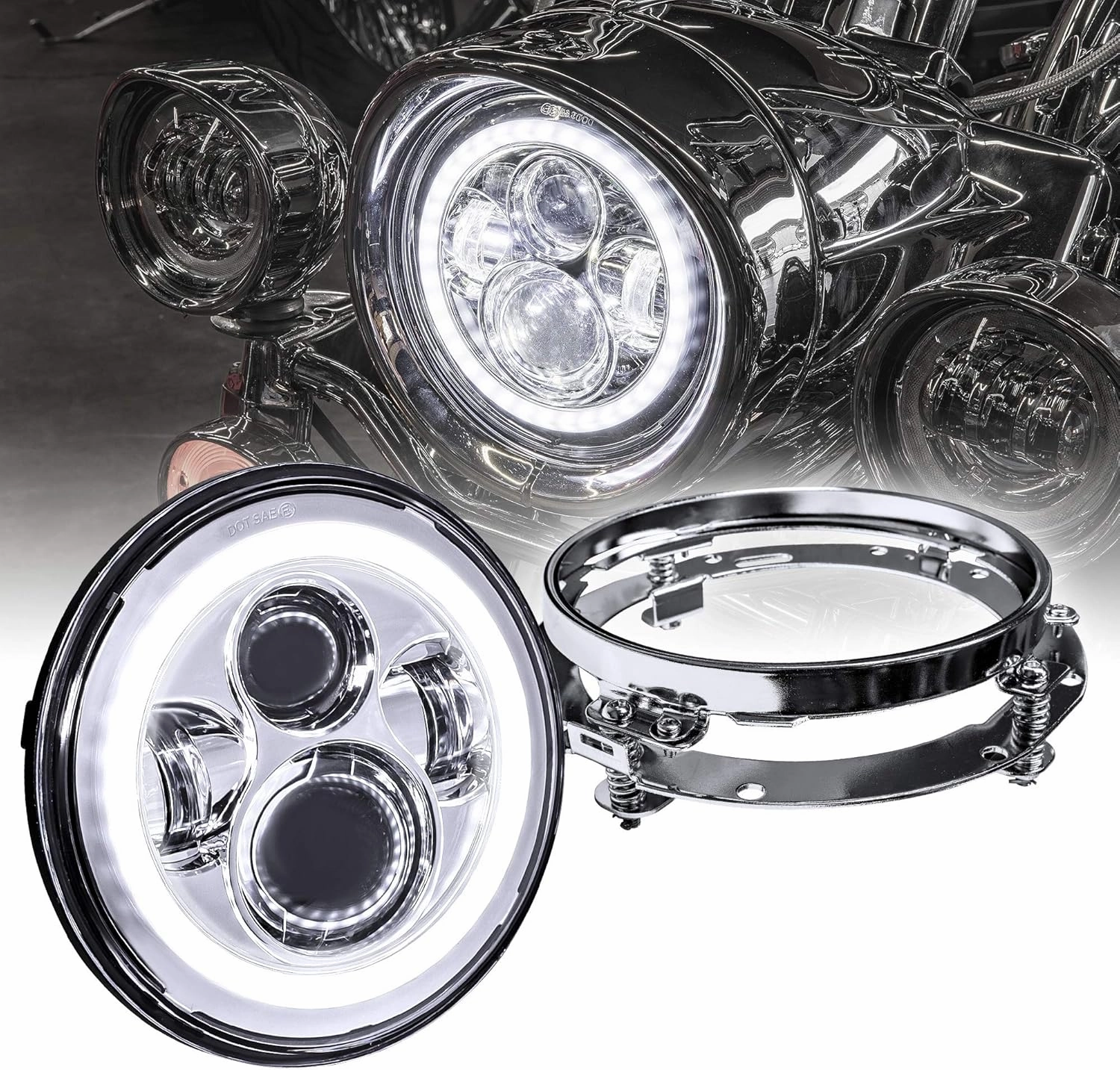 TRUE MODS 7" LED Headlight for Harley Davidson   Mounting Bracket [Chrome-Finish] [HALO DRL] [4500 Lumen] [H4 Converter Plug n Play] Touring Dyna Electra Glide Road King Softail Fatboy Road Street