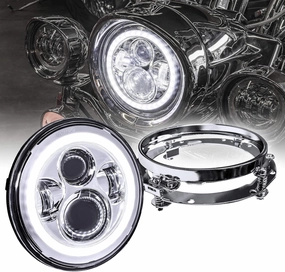 TRUE MODS 7" LED Headlight for Harley Davidson   Mounting Bracket [Chrome-Finish] [HALO DRL] [4500 Lumen] [H4 Converter Plug n Play] Touring Dyna Electra Glide Road King Softail Fatboy Road Street