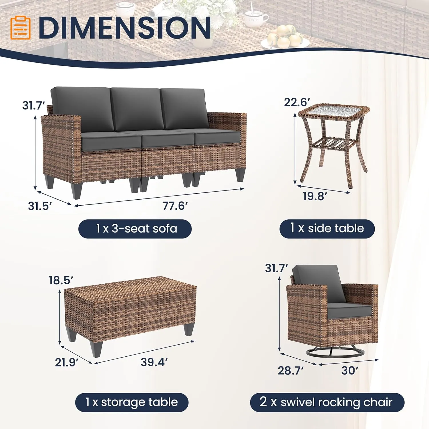 UDPATIO Patio Furniture Set, 5 Pieces Outdoor Conversation Sets with Rocking Swivel Chairs, Wicker Rattan Outdoor Sofa Set with Storage Table and Waterproof Covers for Backyard, Deck, Porch, Grey