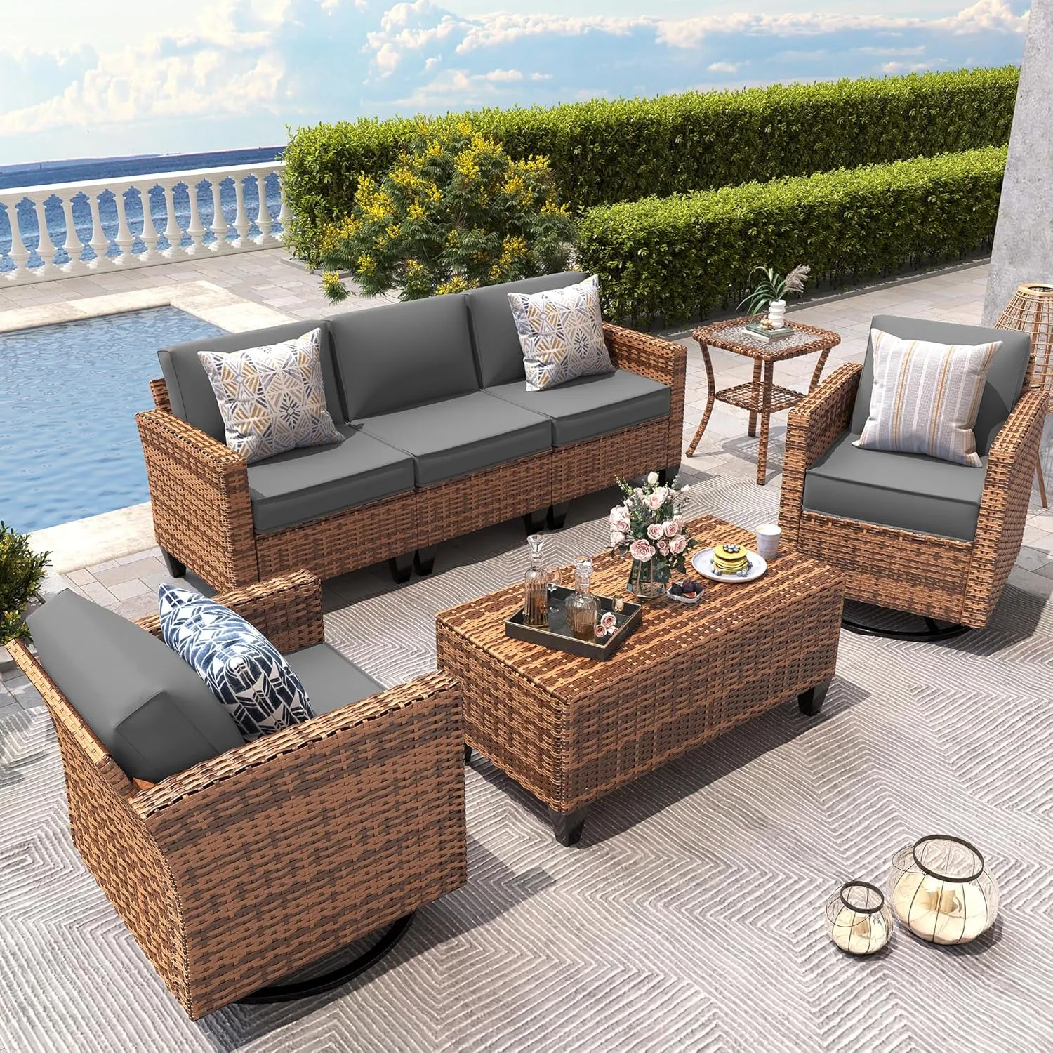 UDPATIO Patio Furniture Set, 5 Pieces Outdoor Conversation Sets with Rocking Swivel Chairs, Wicker Rattan Outdoor Sofa Set with Storage Table and Waterproof Covers for Backyard, Deck, Porch, Grey