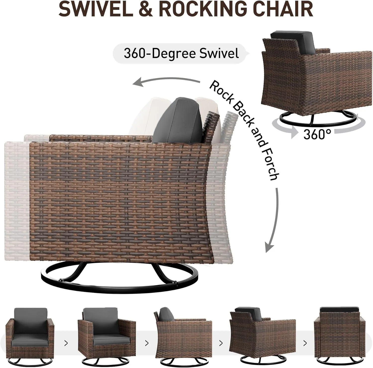 UDPATIO Patio Furniture Set, 5 Pieces Outdoor Conversation Sets with Rocking Swivel Chairs, Wicker Rattan Outdoor Sofa Set with Storage Table and Waterproof Covers for Backyard, Deck, Porch, Grey