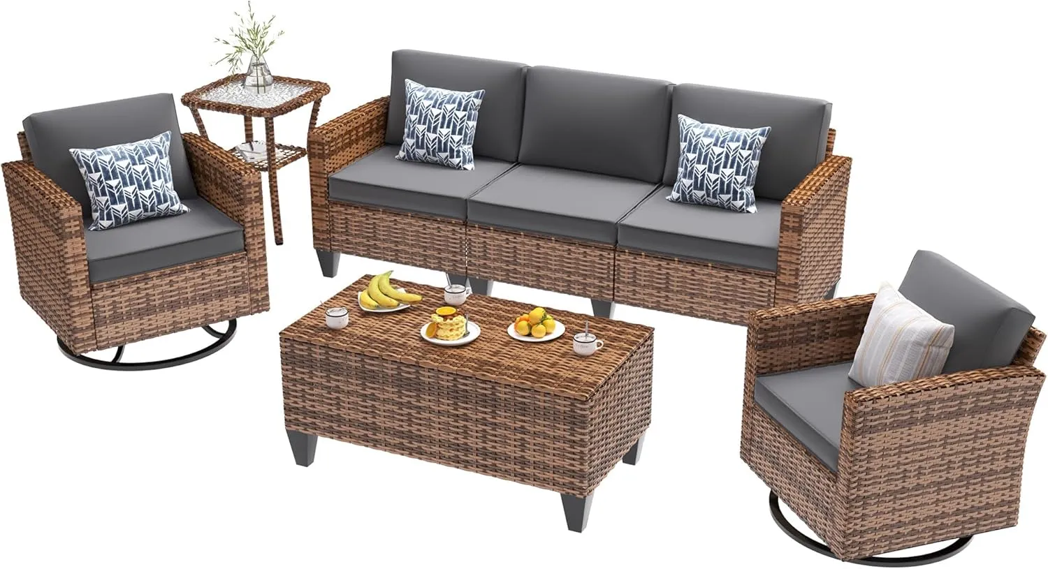 UDPATIO Patio Furniture Set, 5 Pieces Outdoor Conversation Sets with Rocking Swivel Chairs, Wicker Rattan Outdoor Sofa Set with Storage Table and Waterproof Covers for Backyard, Deck, Porch, Grey