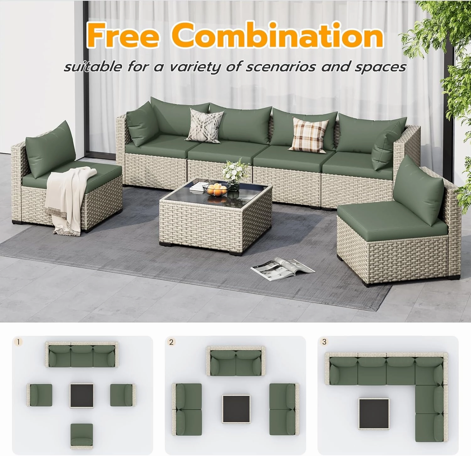 UDPATIO Outdoor Patio Furniture Set, 7-Piece PE Wicker Sectional Sofa with Tea Table, Outdoor Conversation Set for Patio, Garden, Backyard Green