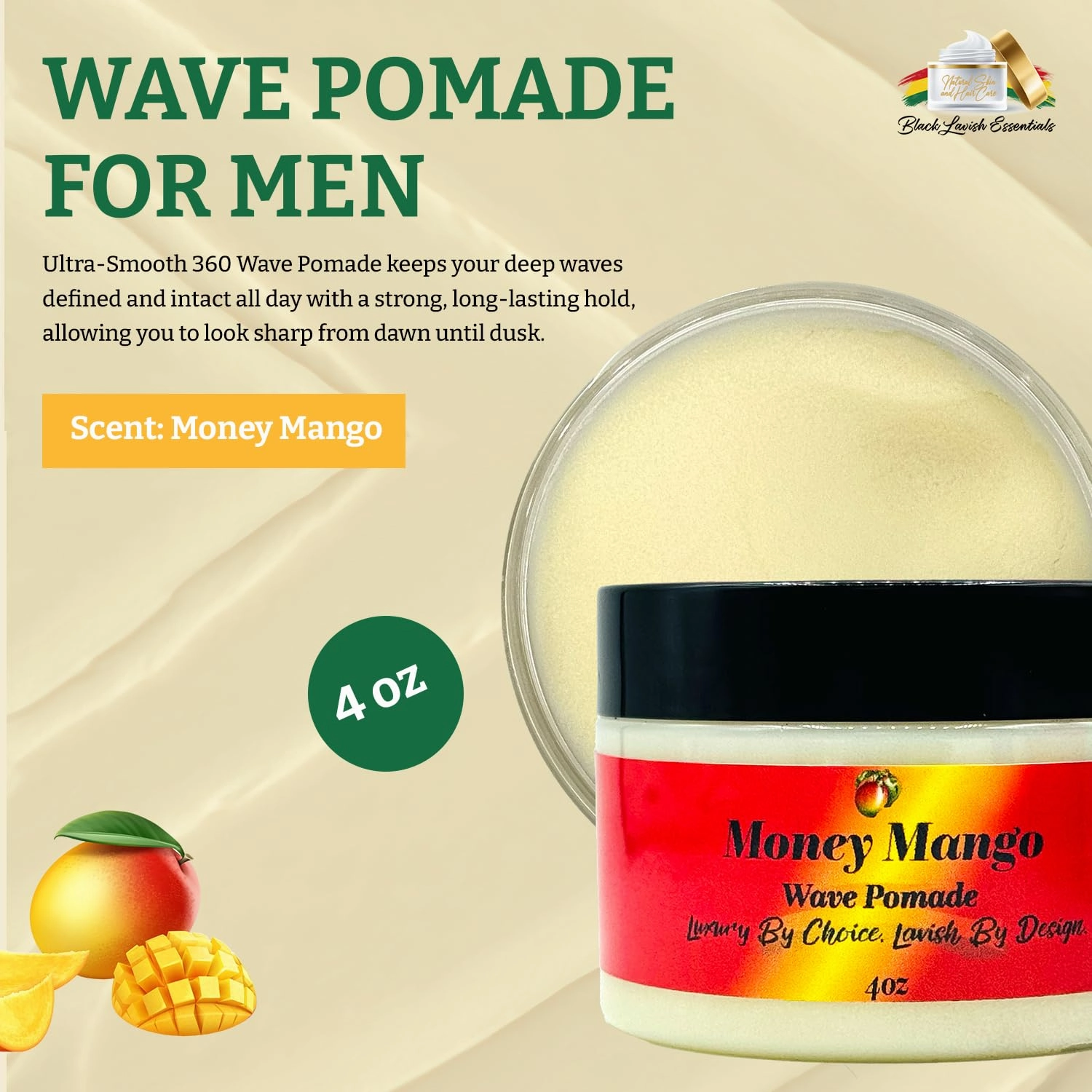 Ultra-Smooth 360 Wave Pomade for Men, Deep Waves Natural Pomade, Strong Hold and Shine for Wavy Hair, Shea Butter and Mango Butter, Non-Greasy Formula (Money Mango Pomade, 4oz)