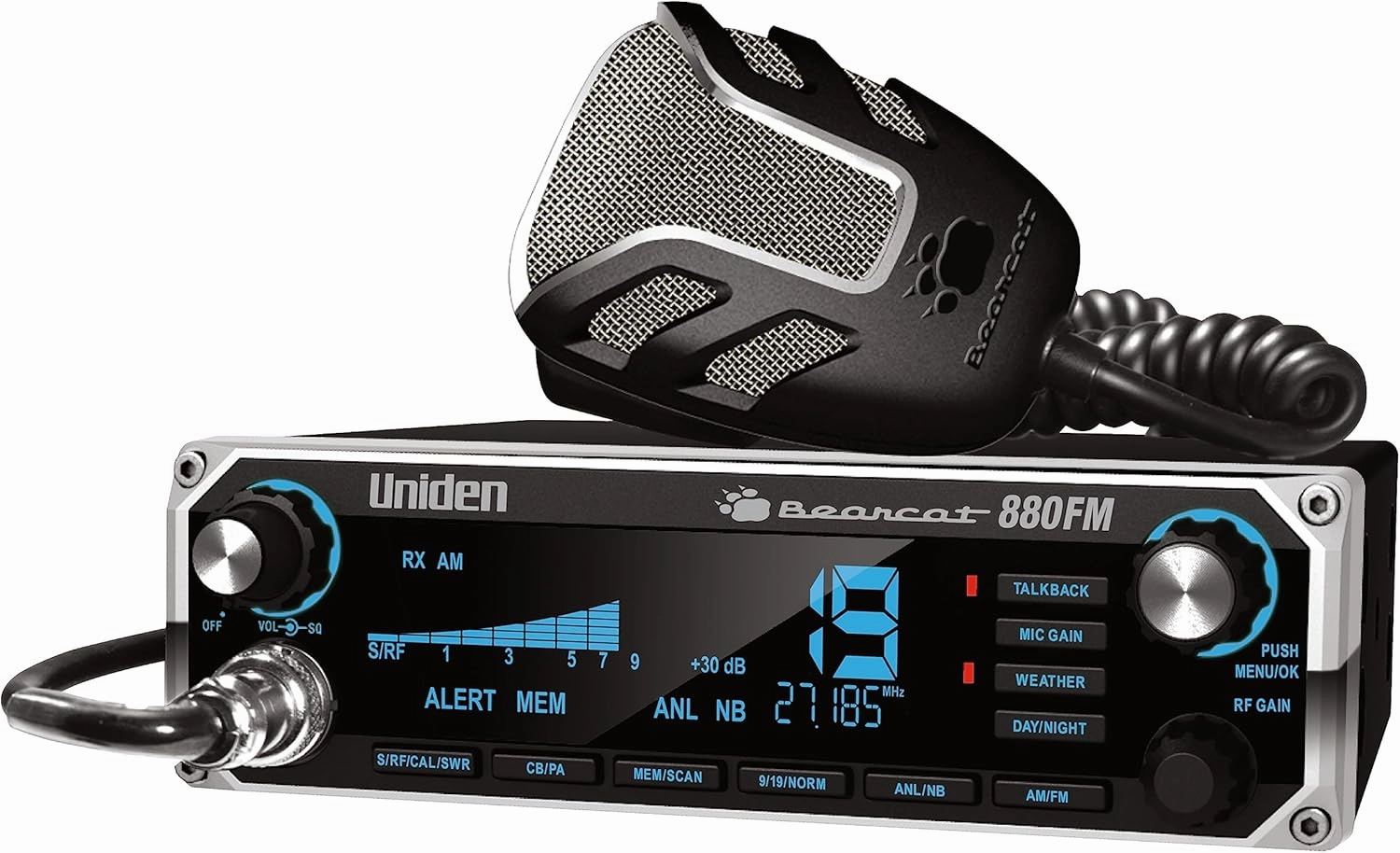 Uniden Bearcat 880FM CB Radio, 40 Channels with Dual-Mode AM/FM, Large Easy-to-Read Backlit 7-Color LCD Display, Backlit Knobs/Buttons, NOAA Weather Alert, PA/CB Switch, and Wireless Mic Compatible
