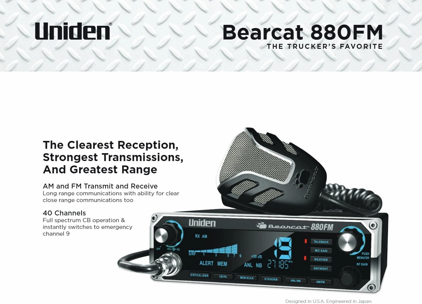 Uniden Bearcat 880FM CB Radio, 40 Channels with Dual-Mode AM/FM, Large Easy-to-Read Backlit 7-Color LCD Display, Backlit Knobs/Buttons, NOAA Weather Alert, PA/CB Switch, and Wireless Mic Compatible