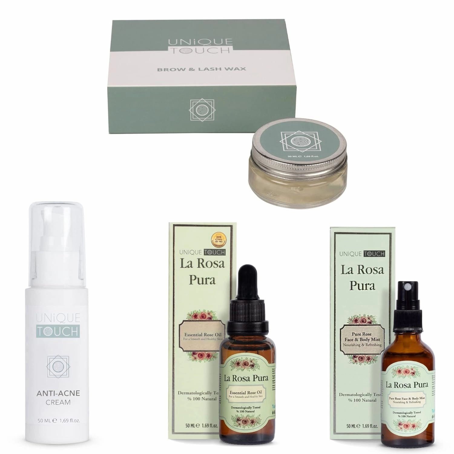 UniqueTouch Pack of 4 Beauty Set - Essential Rose Oil, Pure Rose Face Body Mist, Anti-Acne Cream, Eyebrow Wax