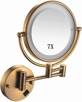 USB Rechargeable Wall-Mounted Makeup Mirror, 1X & 7X Magnification, 360° Rotation, Double-Sided Round Mirror, Antique Copper Finish