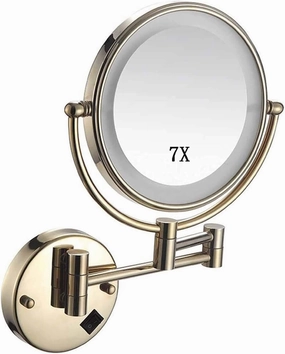 USB Rechargeable Wall-Mounted Makeup Mirror with 7X Magnification, 360° Rotation, Double-Sided, Round Mirror, Gold Finish