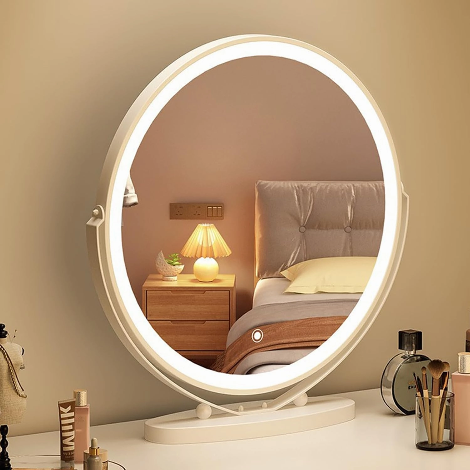 Vanity Mirror with Lights, Lighted Vanity Mirror Tabletop, 360° Rotating Round Makeup Mirror for Dressing Table or Bedroom,40CM,White