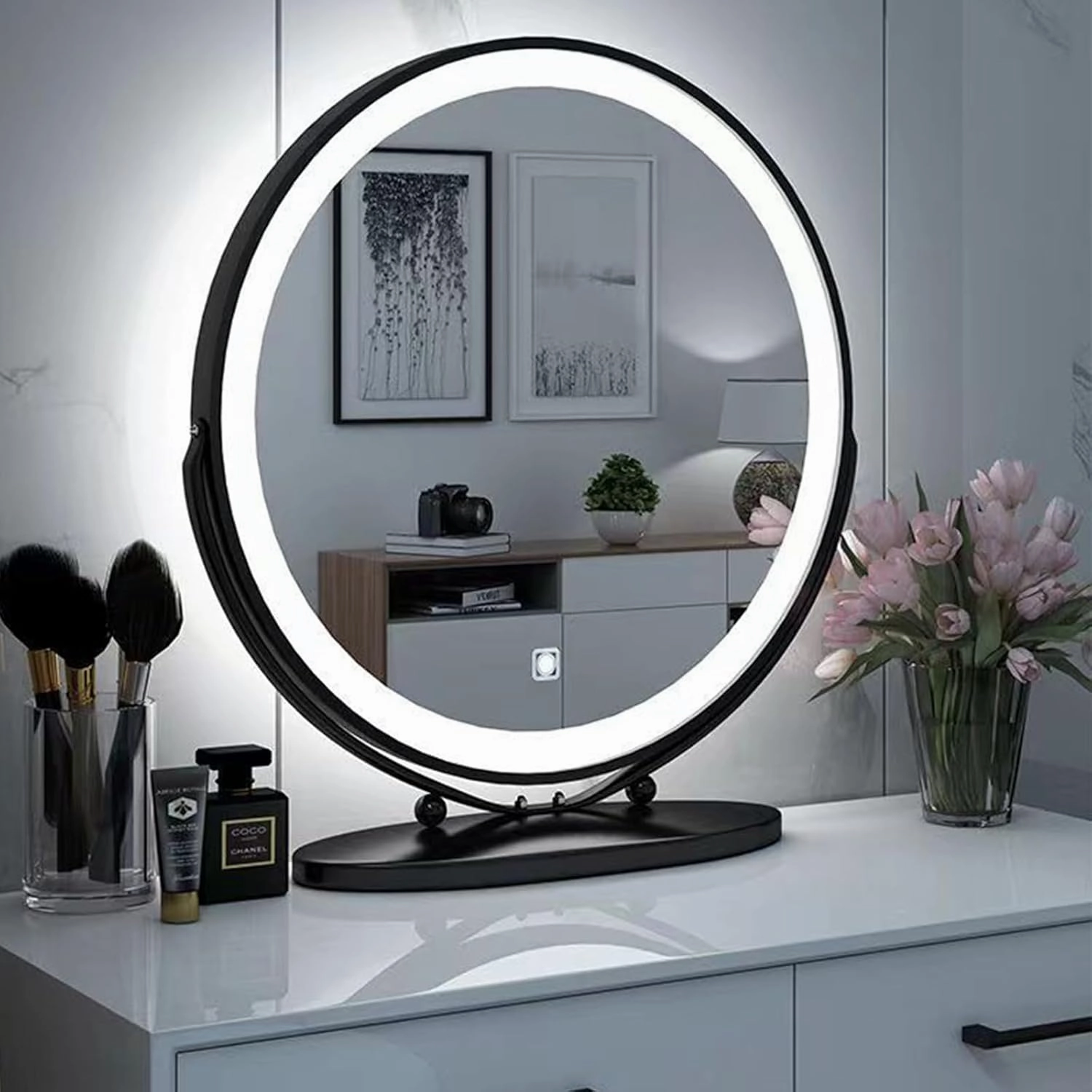 Vanity Mirror with Lights,Makeup Mirror with Lights, Smart Touch Control 3 Colors Dimmable Vanity Mirror, Built-in LED Strip, Intelligent Touch Screen Technology, 3 Lighting Modes Plug-in ,30CM,Black