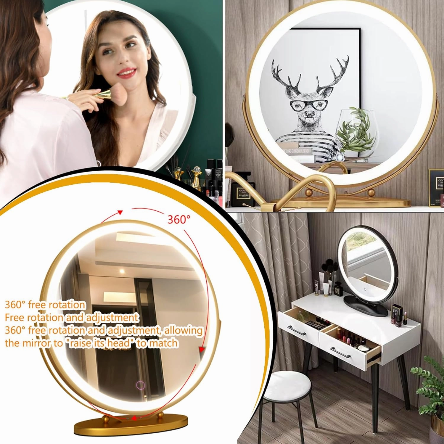Vanity Mirror with Lights,Makeup Mirror with Lights, Smart Touch Control 3 Colors Dimmable Vanity Mirror, Built-in LED Strip, Intelligent Touch Screen Technology, 3 Lighting Modes Plug-in ,40CM,Gold