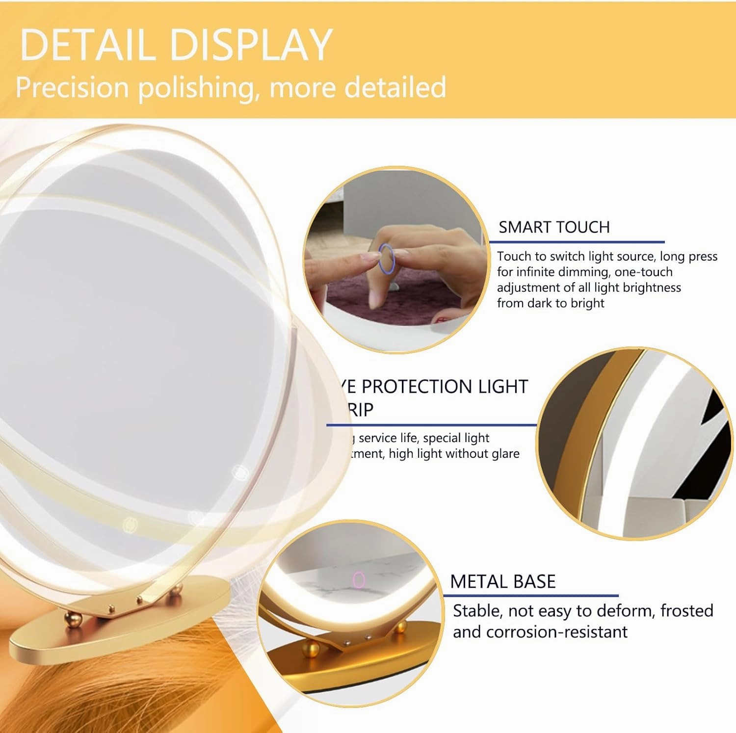 Vanity Mirror with Lights,Makeup Mirror with Lights, Smart Touch Control 3 Colors Dimmable Vanity Mirror, Built-in LED Strip, Intelligent Touch Screen Technology, 3 Lighting Modes Plug-in ,40CM,Gold