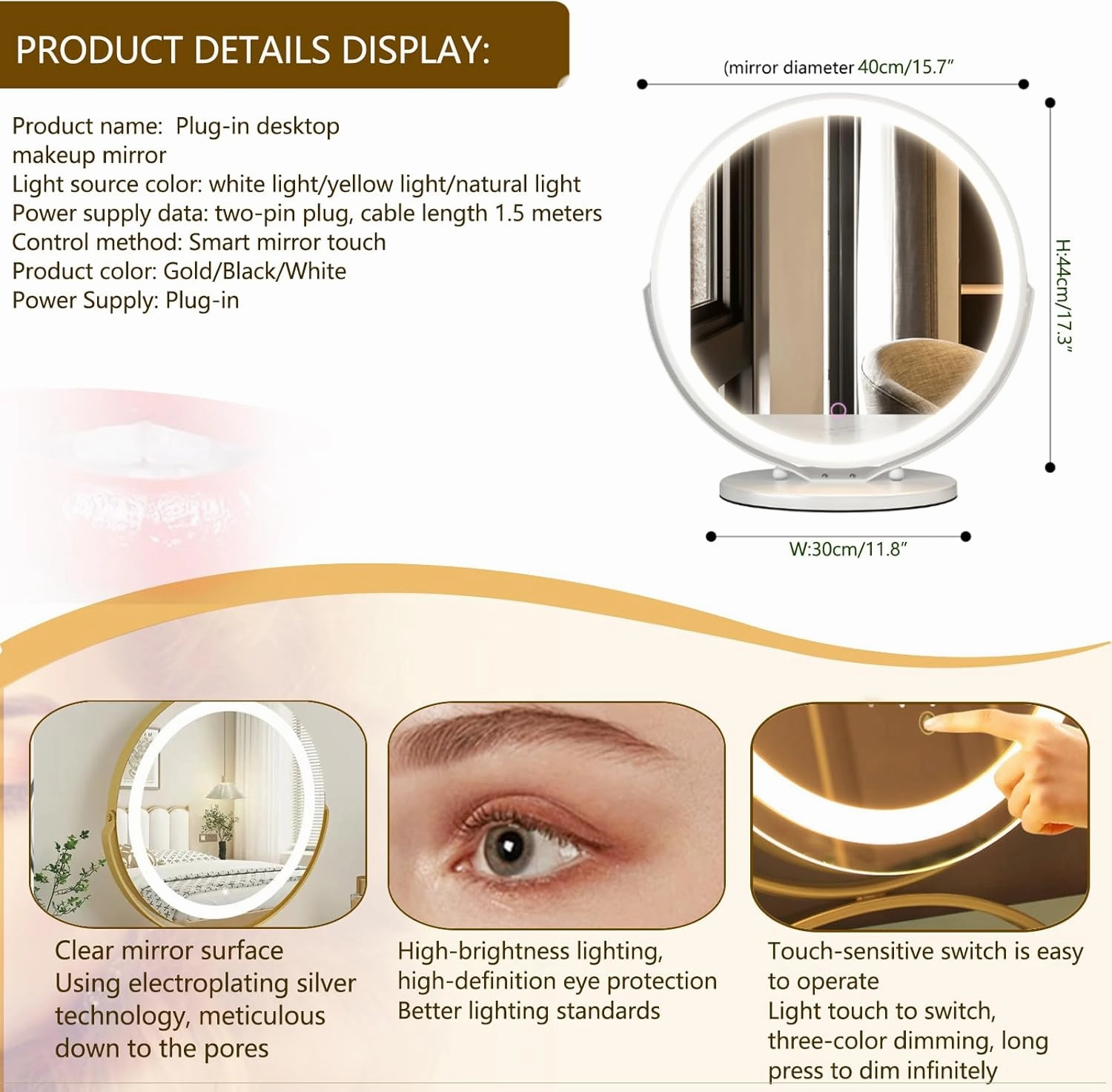 Vanity Mirror with Lights,Makeup Mirror with Lights, Smart Touch Control 3 Colors Dimmable Vanity Mirror, Built-in LED Strip, Intelligent Touch Screen Technology, 3 Lighting Modes Plug-in ,40CM,Gold
