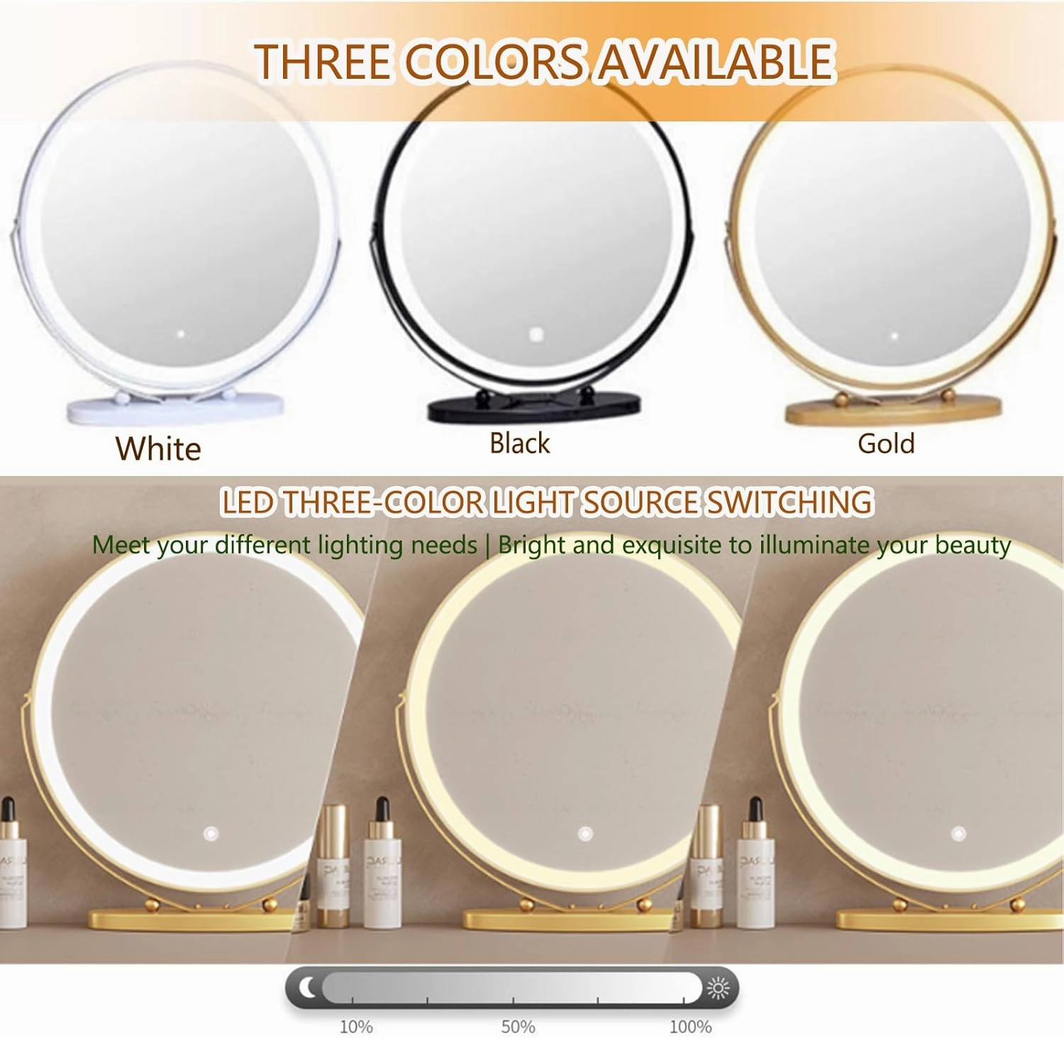 Vanity Mirror with Lights,Makeup Mirror with Lights, Smart Touch Control 3 Colors Dimmable Vanity Mirror, Built-in LED Strip, Intelligent Touch Screen Technology, 3 Lighting Modes Plug-in ,40CM,Gold