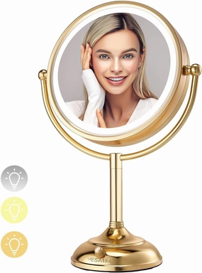 VESAUR 8.5'' Large Gold Lighted Makeup Mirror, 1X/10X HD Undistorted Magnifying Vanity Mirror with 3 Color Dimmable Lights, 360°Swivel 2-Sided Seamless Make Up Mirror, Premium Nickel Gift, Bright Gold