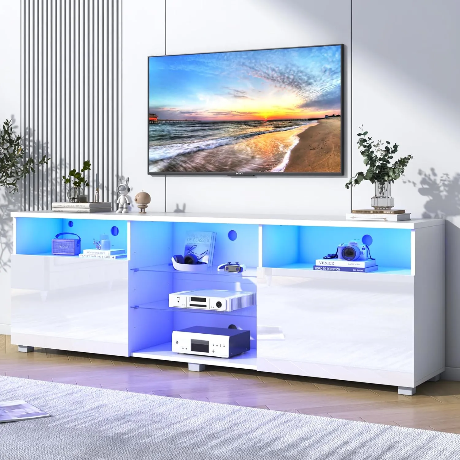 Vinctik 70in Modern White Gloss TV Stand - High Storage for 75-80in TVs, RGB Light, Perfect for Living Room