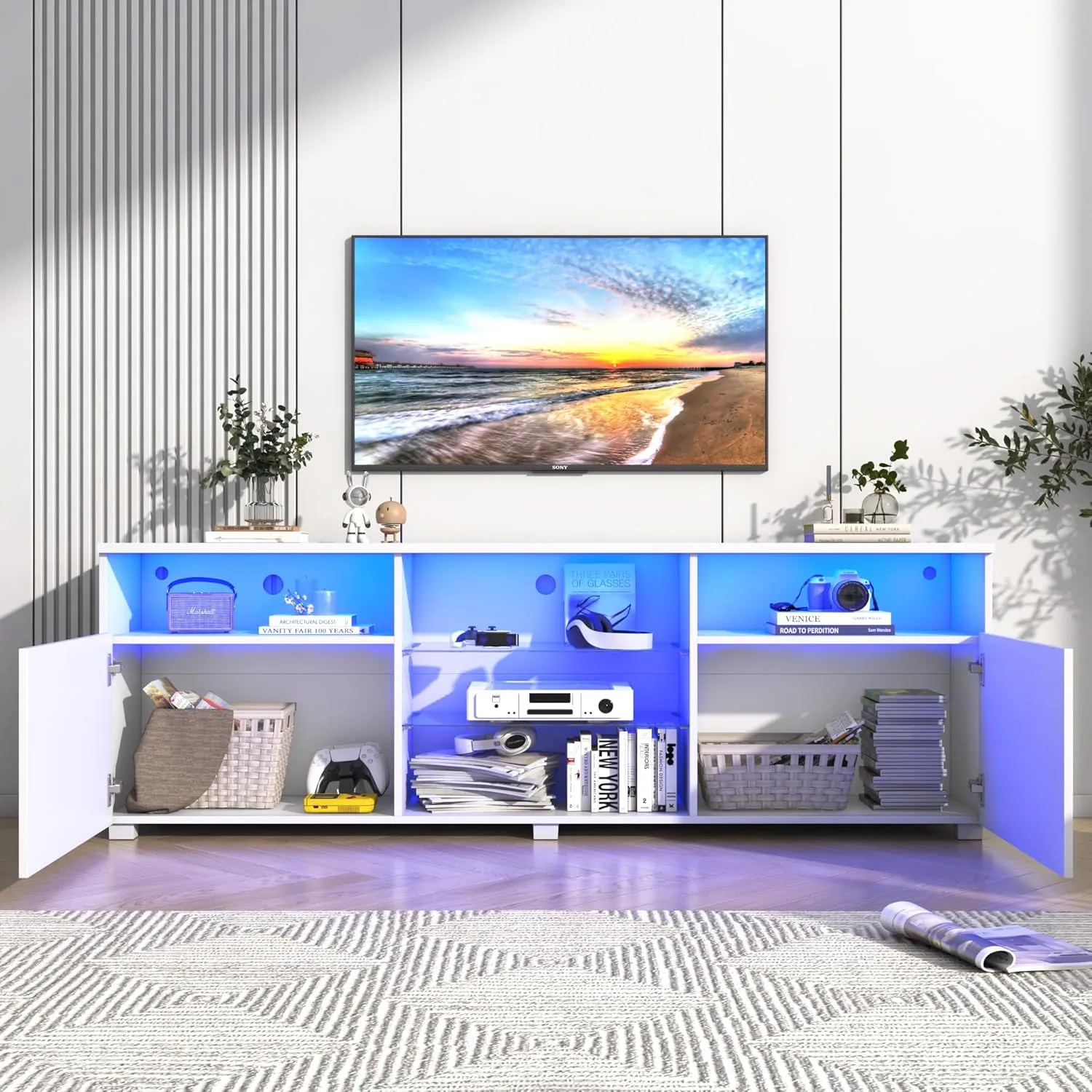 Vinctik 70in Modern White Gloss TV Stand - High Storage for 75-80in TVs, RGB Light, Perfect for Living Room