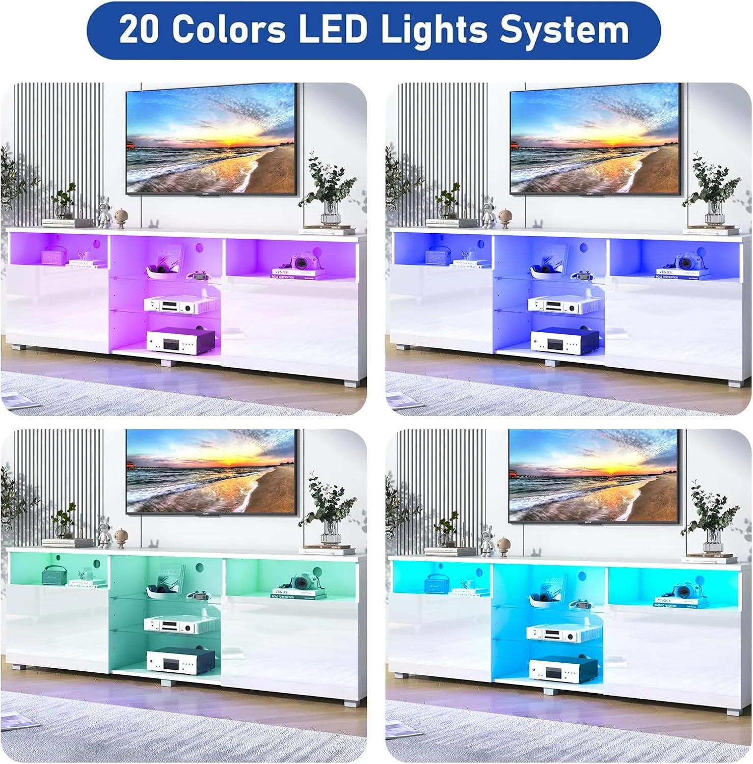 Vinctik 70in Modern White Gloss TV Stand - High Storage for 75-80in TVs, RGB Light, Perfect for Living Room