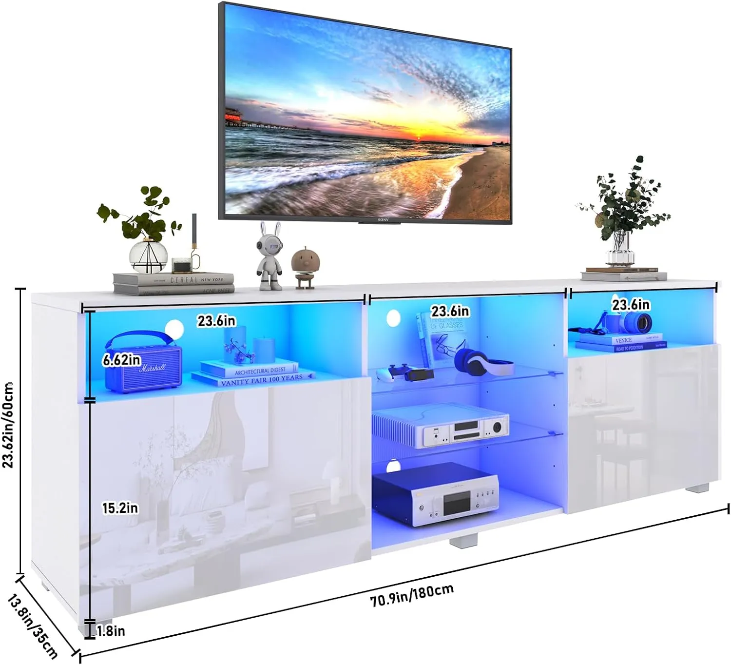 Vinctik 70in Modern White Gloss TV Stand - High Storage for 75-80in TVs, RGB Light, Perfect for Living Room