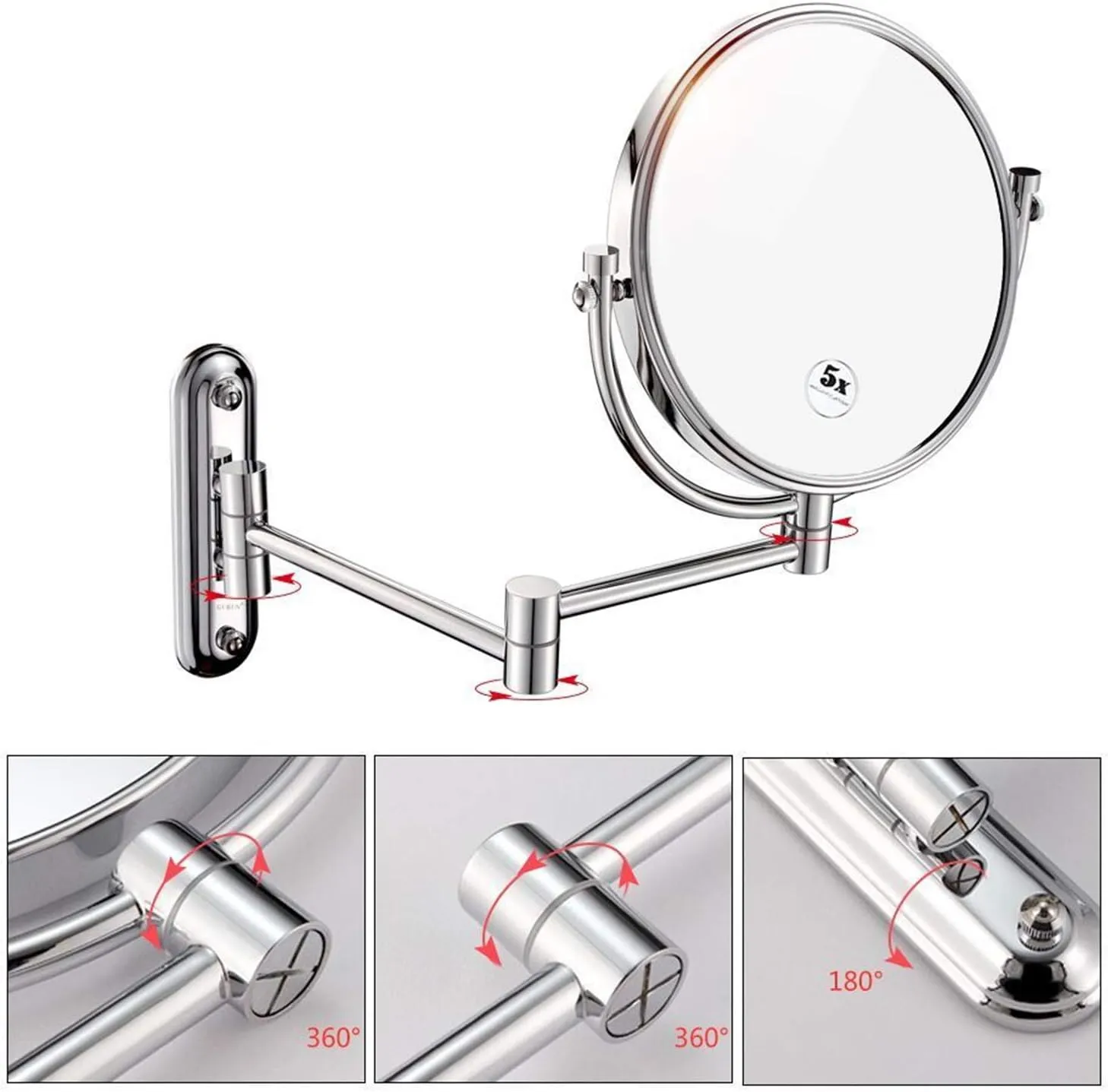 Wall Mounted 1X＆3X/5X/7X/10X Magnifying Makeup Mirror, 8 Inch Double Sided Chrome Finish Brass Extendable Swivel Shaving Vanity Mirrors,10x (Color : 5X)