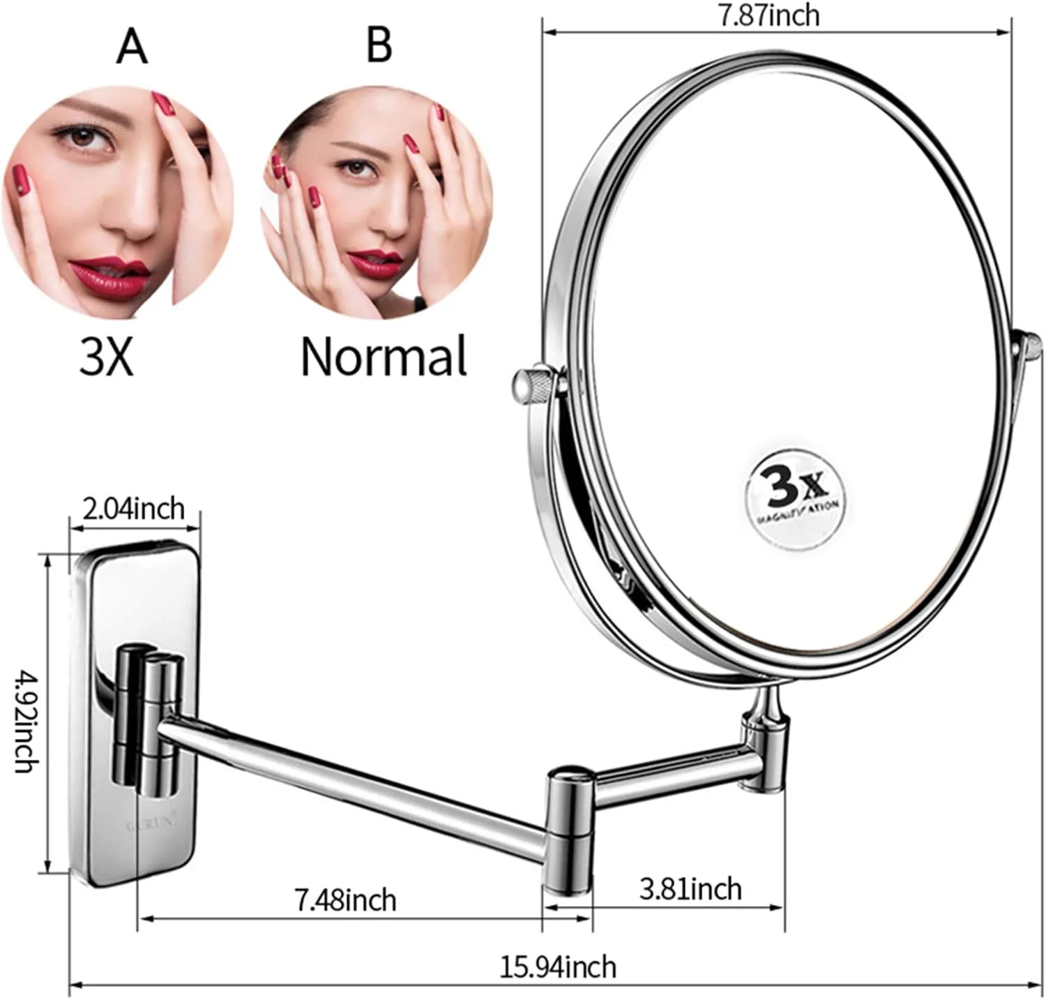 Wall Mounted Makeup Mirror, 8 inch 360° Rotatable Magnifying Shaving Mirror, Extendable Folding Arm Bathroom Vanity Mirrors (Cromo 3X)