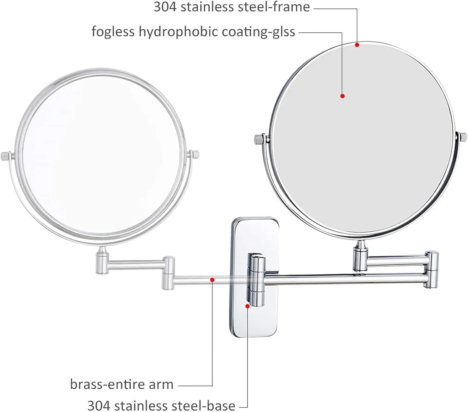 Wall Mounted Makeup Mirror, 8 inch 360° Rotatable Magnifying Shaving Mirror, Extendable Folding Arm Bathroom Vanity Mirrors (Cromo 3X)