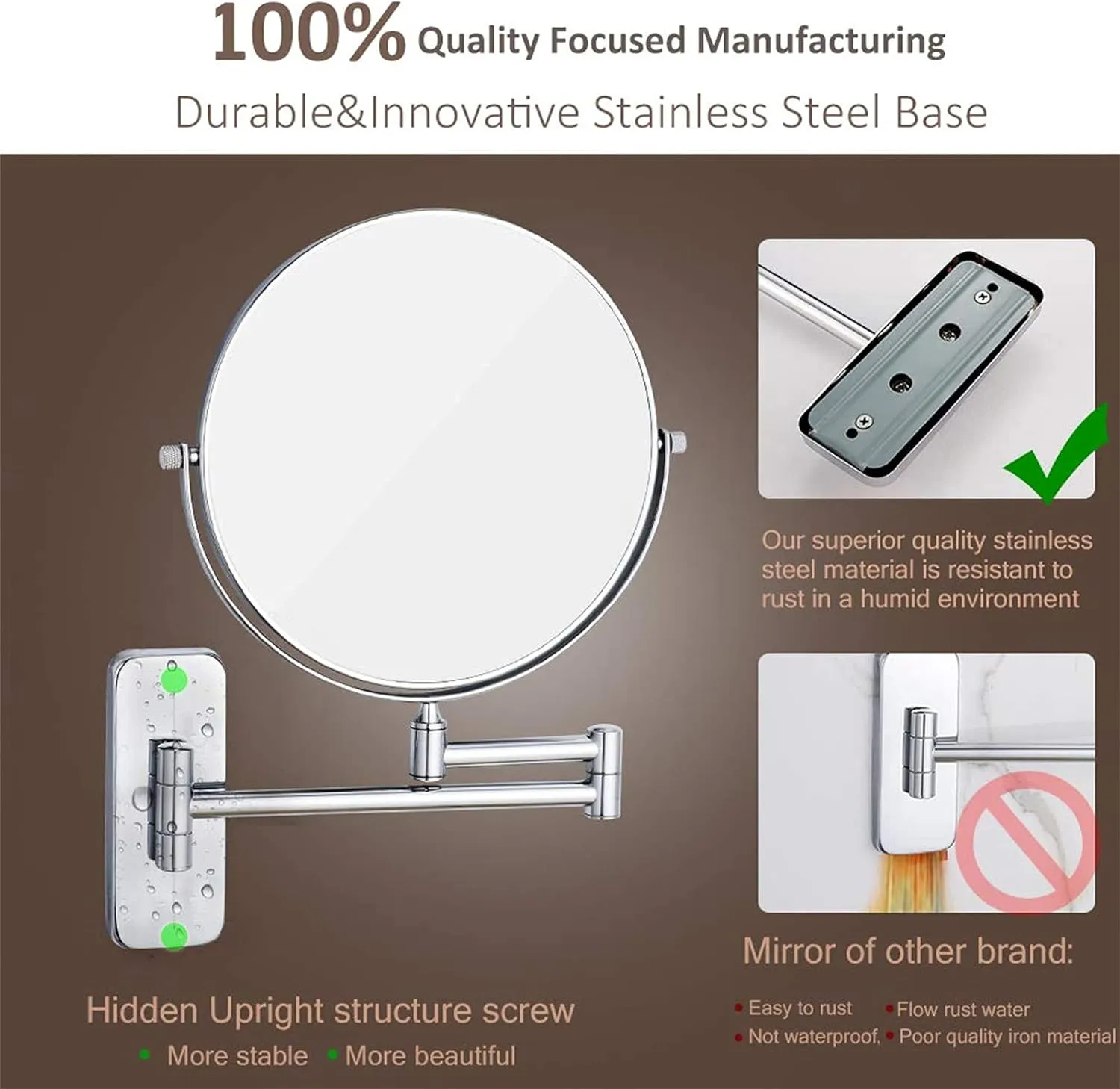 Wall Mounted Makeup Mirror, 8 inch 360° Rotatable Magnifying Shaving Mirror, Extendable Folding Arm Bathroom Vanity Mirrors (Cromo 3X)