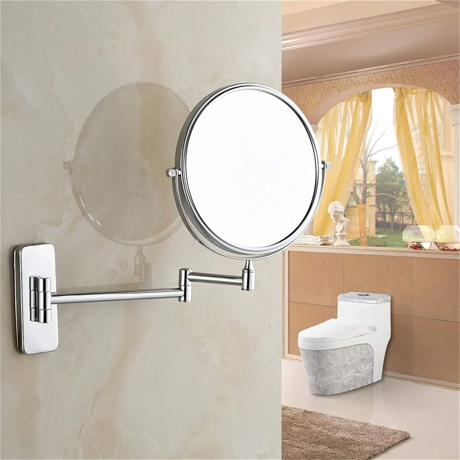 Wall Mounted Makeup Mirror, 8 inch 360° Rotatable Magnifying Shaving Mirror, Extendable Folding Arm Bathroom Vanity Mirrors (Cromo 3X)