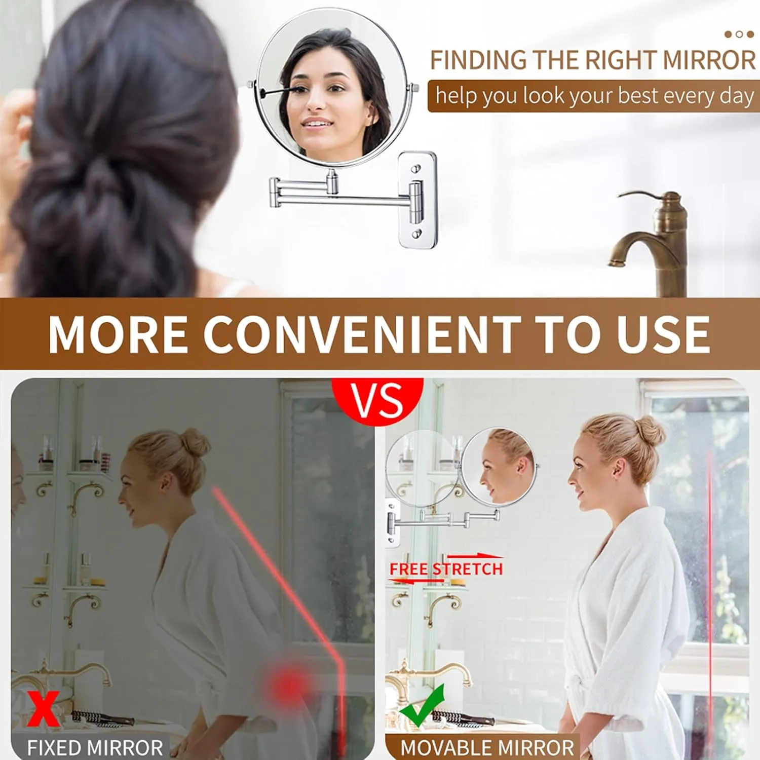 Wall Mounted Makeup Mirror, 8 inch 360° Rotatable Magnifying Shaving Mirror, Extendable Folding Arm Bathroom Vanity Mirrors (Cromo 3X)
