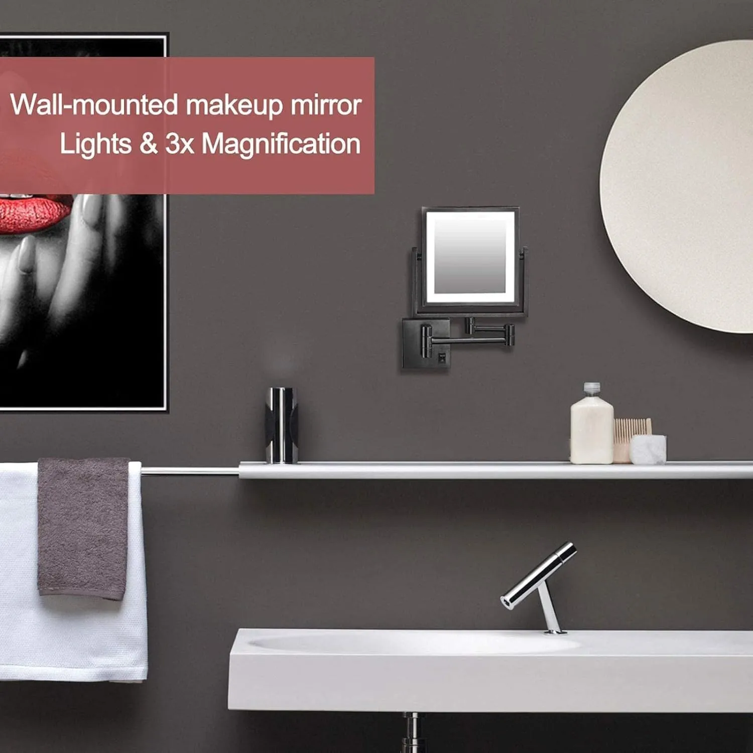 Wall Mounted Makeup Mirror with 1X/3X Magnification,8 Inch Rechargeable Magnifying Lighted Vanity Mirrors with LED Lights,Double Sided Dimmable 360° Chrome Shaving Mirror for Bathroom