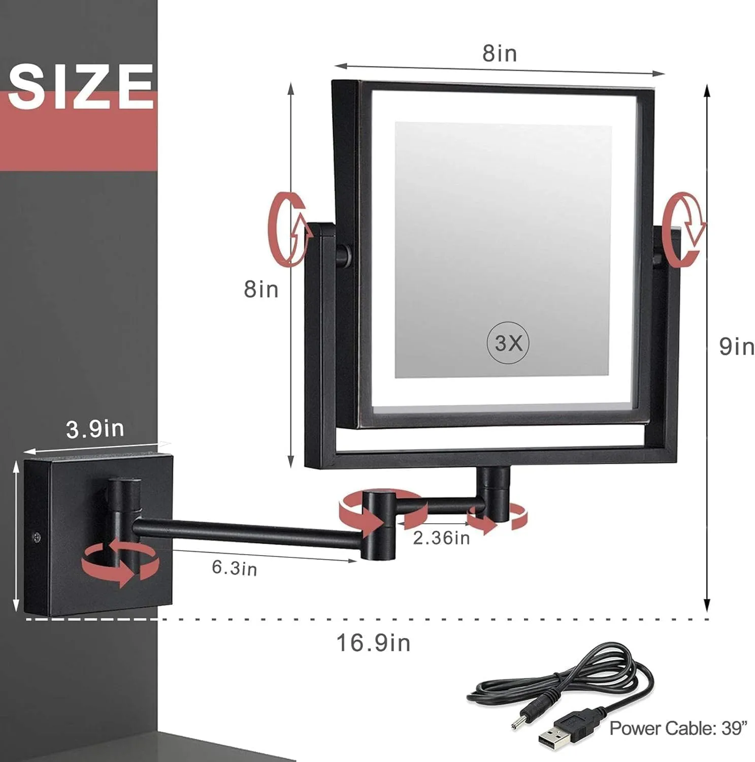 Wall Mounted Makeup Mirror with 1X/3X Magnification,8 Inch Rechargeable Magnifying Lighted Vanity Mirrors with LED Lights,Double Sided Dimmable 360° Chrome Shaving Mirror for Bathroom