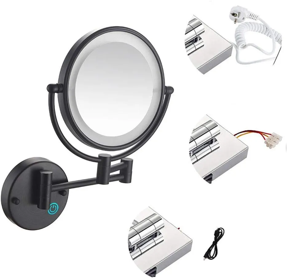 Wall Mounted Makeup Mirror with LDE Lights,8-Inch Two-Sided Swivel Wall Mount Mirror with Magnification,360 Degree Swivel,Extendable Arm,Round,for Bathroom(Matte Black,3X)