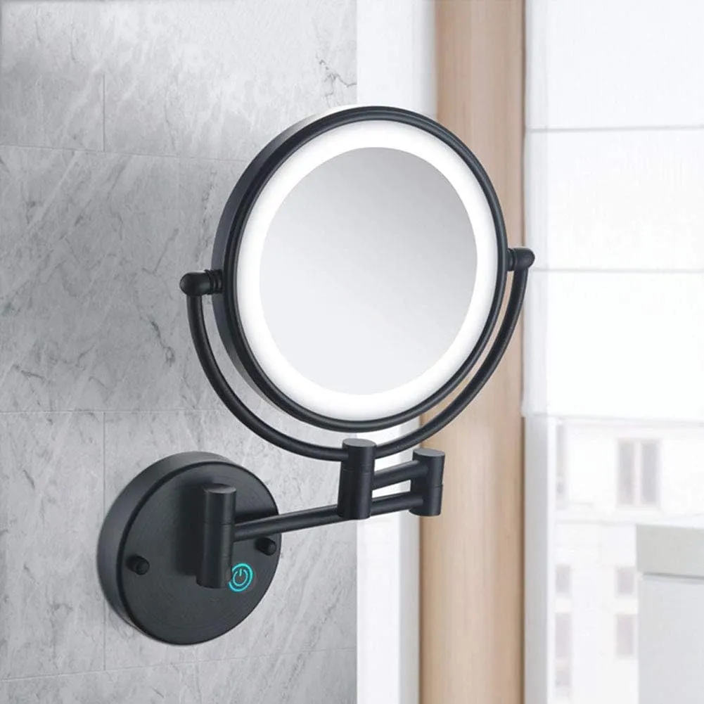 Wall Mounted Makeup Mirror with LDE Lights,8-Inch Two-Sided Swivel Wall Mount Mirror with Magnification,360 Degree Swivel,Extendable Arm,Round,for Bathroom(Matte Black,3X)